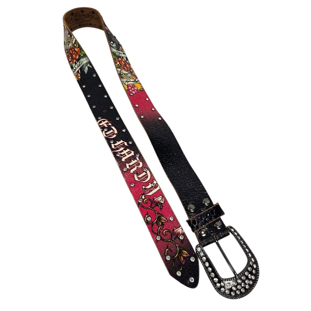 ED HARDY Y2K Tattoo LEATHER BELT Distressed w RHINESTONE Buckle Size L (31-36")